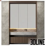 High-resolution 3D model of a modern bathroom vanity featuring a three-door mirrored cabinet, integrated double marble sink, wall-mounted black faucets, and dark wood cabinetry.