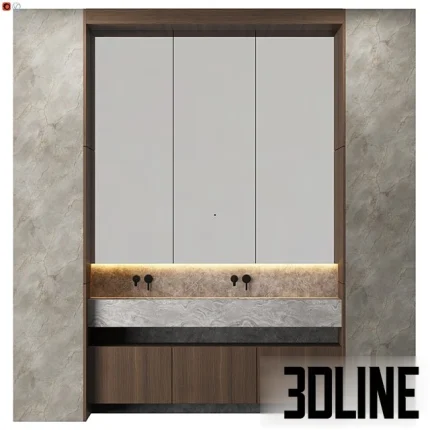 High-resolution 3D model of a modern bathroom vanity featuring a three-door mirrored cabinet, integrated double marble sink, wall-mounted black faucets, and dark wood cabinetry.