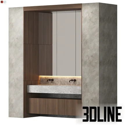 High-resolution 3D model of a modern bathroom vanity featuring a three-door mirrored cabinet, integrated double marble sink, wall-mounted black faucets, and dark wood cabinetry.