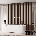 3D model of a modern, curved reception desk with a white concrete-look finish and a black speckled countertop, set against a tall wall panel system of vertical wooden slats.