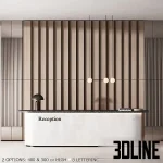 3D model of a modern, curved reception desk with a white concrete-look finish and a black speckled countertop, set against a tall wall panel system of vertical wooden slats.