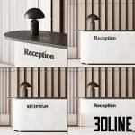 3D model of a modern, curved reception desk with a white concrete-look finish and a black speckled countertop, set against a tall wall panel system of vertical wooden slats.