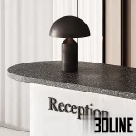3D model of a modern, curved reception desk with a white concrete-look finish and a black speckled countertop, set against a tall wall panel system of vertical wooden slats.