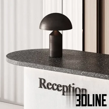 3D model of a modern, curved reception desk with a white concrete-look finish and a black speckled countertop, set against a tall wall panel system of vertical wooden slats.