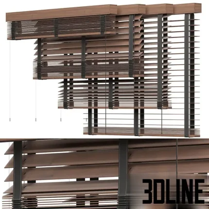 Detailed 3D model set of three wood horizontal window blinds (Volume 05), featuring dark brown slats, exposed mechanical headrail, and black fabric tapes.