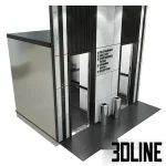 Realistic 3D model of a modern elevator lobby featuring two lift doors with black metal frames, textured concrete wall cladding, floor directory signage, and stainless steel trash bins.