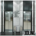 Realistic 3D model of a modern elevator lobby featuring two lift doors with black metal frames, textured concrete wall cladding, floor directory signage, and stainless steel trash bins.