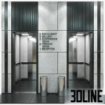 Realistic 3D model of a modern elevator lobby featuring two lift doors with black metal frames, textured concrete wall cladding, floor directory signage, and stainless steel trash bins.
