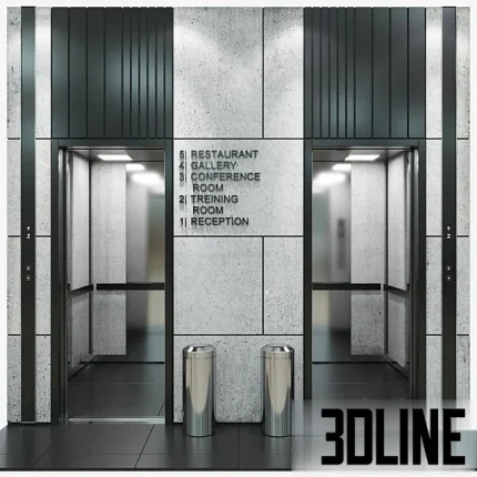 Realistic 3D model of a modern elevator lobby featuring two lift doors with black metal frames, textured concrete wall cladding, floor directory signage, and stainless steel trash bins.