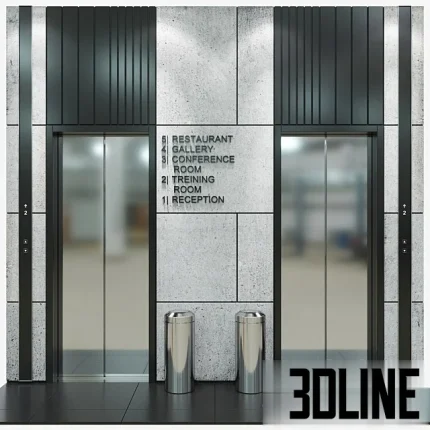 Realistic 3D model of a modern elevator lobby featuring two lift doors with black metal frames, textured concrete wall cladding, floor directory signage, and stainless steel trash bins.