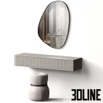 3D model of a modern wall-mounted dressing table with a grey fluted drawer front, accompanied by an asymmetrical organic mirror and a cylindrical pouf with a decorative strap.