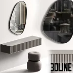 3D model of a modern wall-mounted dressing table with a grey fluted drawer front, accompanied by an asymmetrical organic mirror and a cylindrical pouf with a decorative strap.