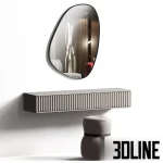 3D model of a modern wall-mounted dressing table with a grey fluted drawer front, accompanied by an asymmetrical organic mirror and a cylindrical pouf with a decorative strap.
