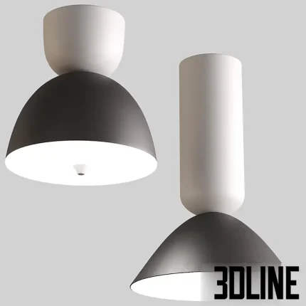 3D model set of modern geometric pendant lamps featuring various stacked black and white cylindrical, dome, and conical shapes.