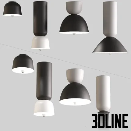 3D model set of modern geometric pendant lamps featuring various stacked black and white cylindrical, dome, and conical shapes.