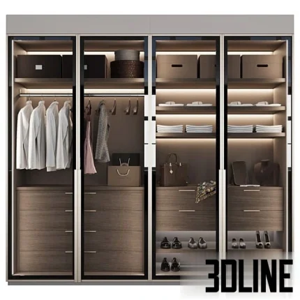 High-resolution 3D model of a modern modular wardrobe with glass doors, dark wood veneer interiors, drawers, and warm integrated shelving lighting.