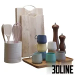 3D model set of kitchen essentials including wooden cutting boards, a utensil holder, salt and pepper mills, and a wooden tray serving colorful pastel coffee cups.