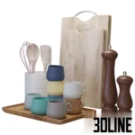 3D model set of kitchen essentials including wooden cutting boards, a utensil holder, salt and pepper mills, and a wooden tray serving colorful pastel coffee cups.