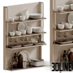 3D model of a modern kitchen shelving unit filled with stacks of white ceramic plates, bowls, coffee cups, wine glasses, and decorative bottles.