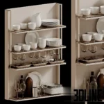 3D model of a modern kitchen shelving unit filled with stacks of white ceramic plates, bowls, coffee cups, wine glasses, and decorative bottles.