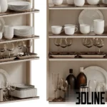 3D model of a modern kitchen shelving unit filled with stacks of white ceramic plates, bowls, coffee cups, wine glasses, and decorative bottles.