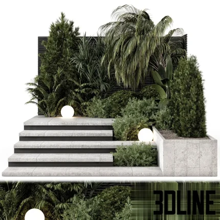 Detailed 3D model of an outdoor landscape set featuring modern stone stairs, integrated planting areas with tropical bushes and palm trees, and illuminated globe lights.