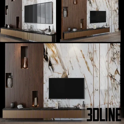 High-end 3D model of a modern TV wall unit with a long console, dark wood slats, and a luxurious white and gold veined marble panel.