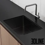 Detailed 3D model of a minimal modern kitchen featuring lower light wood cabinetry, white upper cabinets, black countertop, and a dramatic white marble slab backsplash.