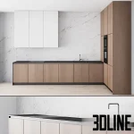 Detailed 3D model of a minimal modern kitchen featuring lower light wood cabinetry, white upper cabinets, black countertop, and a dramatic white marble slab backsplash.