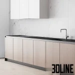 Detailed 3D model of a minimal modern kitchen featuring lower light wood cabinetry, white upper cabinets, black countertop, and a dramatic white marble slab backsplash.