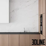 Detailed 3D model of a minimal modern kitchen featuring lower light wood cabinetry, white upper cabinets, black countertop, and a dramatic white marble slab backsplash.
