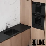 Detailed 3D model of a minimal modern kitchen featuring lower light wood cabinetry, white upper cabinets, black countertop, and a dramatic white marble slab backsplash.
