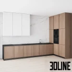 Detailed 3D model of a minimal modern kitchen featuring lower light wood cabinetry, white upper cabinets, black countertop, and a dramatic white marble slab backsplash.