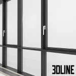 Detailed 3D model of a five-panel panoramic glazing window with a thin black aluminum frame, commonly used in modern residential and loft designs.