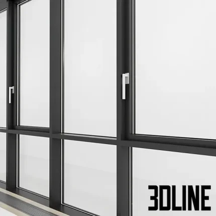 Detailed 3D model of a five-panel panoramic glazing window with a thin black aluminum frame, commonly used in modern residential and loft designs.