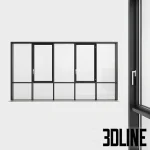 Detailed 3D model of a five-panel panoramic glazing window with a thin black aluminum frame, commonly used in modern residential and loft designs.