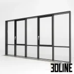 Detailed 3D model of a five-panel panoramic glazing window with a thin black aluminum frame, commonly used in modern residential and loft designs.