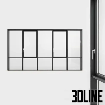Detailed 3D model of a five-panel panoramic glazing window with a thin black aluminum frame, commonly used in modern residential and loft designs.
