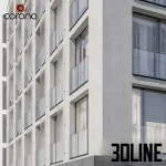 Detailed 3D model of a large, multi-story modern residential building (Apartment Block 05), featuring a white facade, repeating windows/balconies, and a commercial storefront on the ground floor.