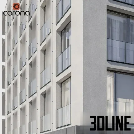 Detailed 3D model of a large, multi-story modern residential building (Apartment Block 05), featuring a white facade, repeating windows/balconies, and a commercial storefront on the ground floor.