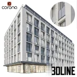 Detailed 3D model of a large, multi-story modern residential building (Apartment Block 05), featuring a white facade, repeating windows/balconies, and a commercial storefront on the ground floor.