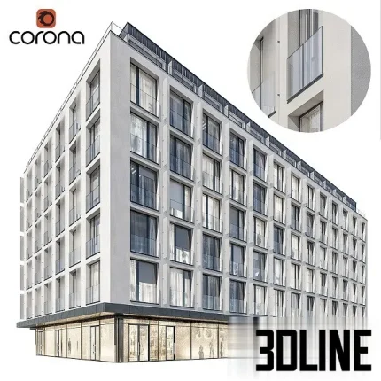 Detailed 3D model of a large, multi-story modern residential building (Apartment Block 05), featuring a white facade, repeating windows/balconies, and a commercial storefront on the ground floor.
