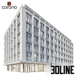 Detailed 3D model of a large, multi-story modern residential building (Apartment Block 05), featuring a white facade, repeating windows/balconies, and a commercial storefront on the ground floor.