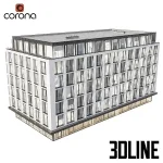 Detailed 3D model of a large, multi-story modern residential building (Apartment Block 05), featuring a white facade, repeating windows/balconies, and a commercial storefront on the ground floor.