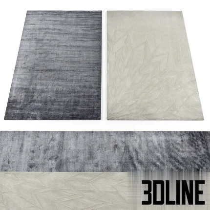 3D model set of two modern area rugs: one in dark blue/grey with a striated gradient texture, and another in light beige with an embossed geometric starburst pattern.