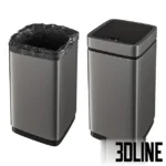 3D model set of modern rectangular sensor trash cans in silver finish, showing open and closed states with realistic black trash bags and scattered crumpled blue waste.