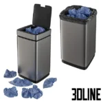 3D model set of modern rectangular sensor trash cans in silver finish, showing open and closed states with realistic black trash bags and scattered crumpled blue waste.