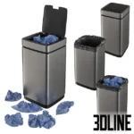 3D model set of modern rectangular sensor trash cans in silver finish, showing open and closed states with realistic black trash bags and scattered crumpled blue waste.
