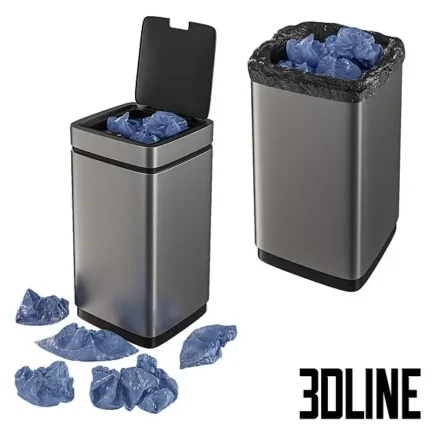 3D model set of modern rectangular sensor trash cans in silver finish, showing open and closed states with realistic black trash bags and scattered crumpled blue waste.