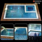 3D model of a modern rectangular swimming pool featuring blue mosaic tiles, a built-in square jacuzzi section, a chrome waterfall cascade, and a wooden deck surround.